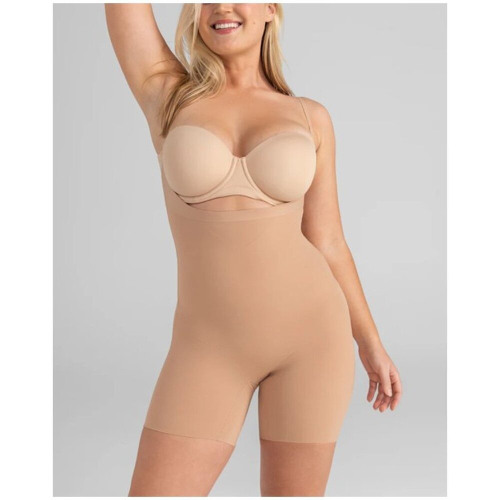 HoneyLove Open-Bust Mid-Thigh Allover Sculpting Bodysuit Nude Size XL